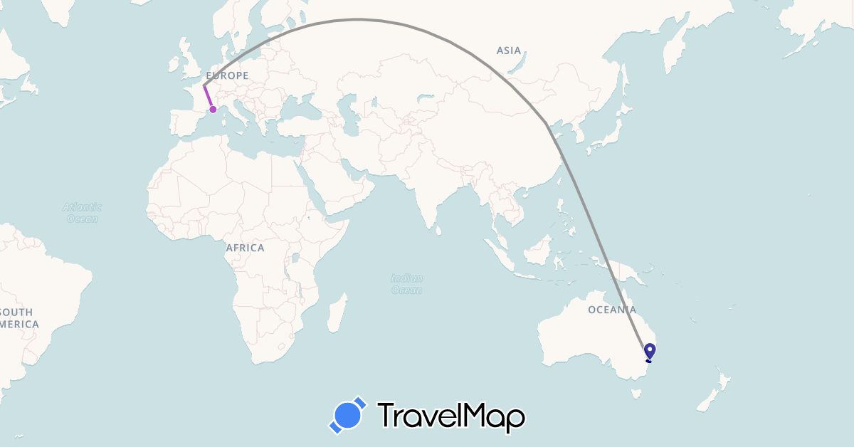 TravelMap itinerary: driving, plane, train in Australia, China, France (Asia, Europe, Oceania)